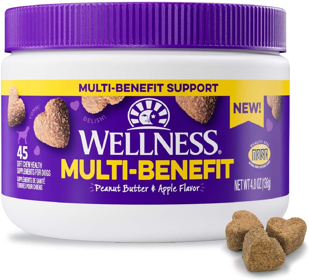Burro di arachidi di benessere & chews morbido aromatizzati di mele Integratori multi-benefici per cani, 45 conte