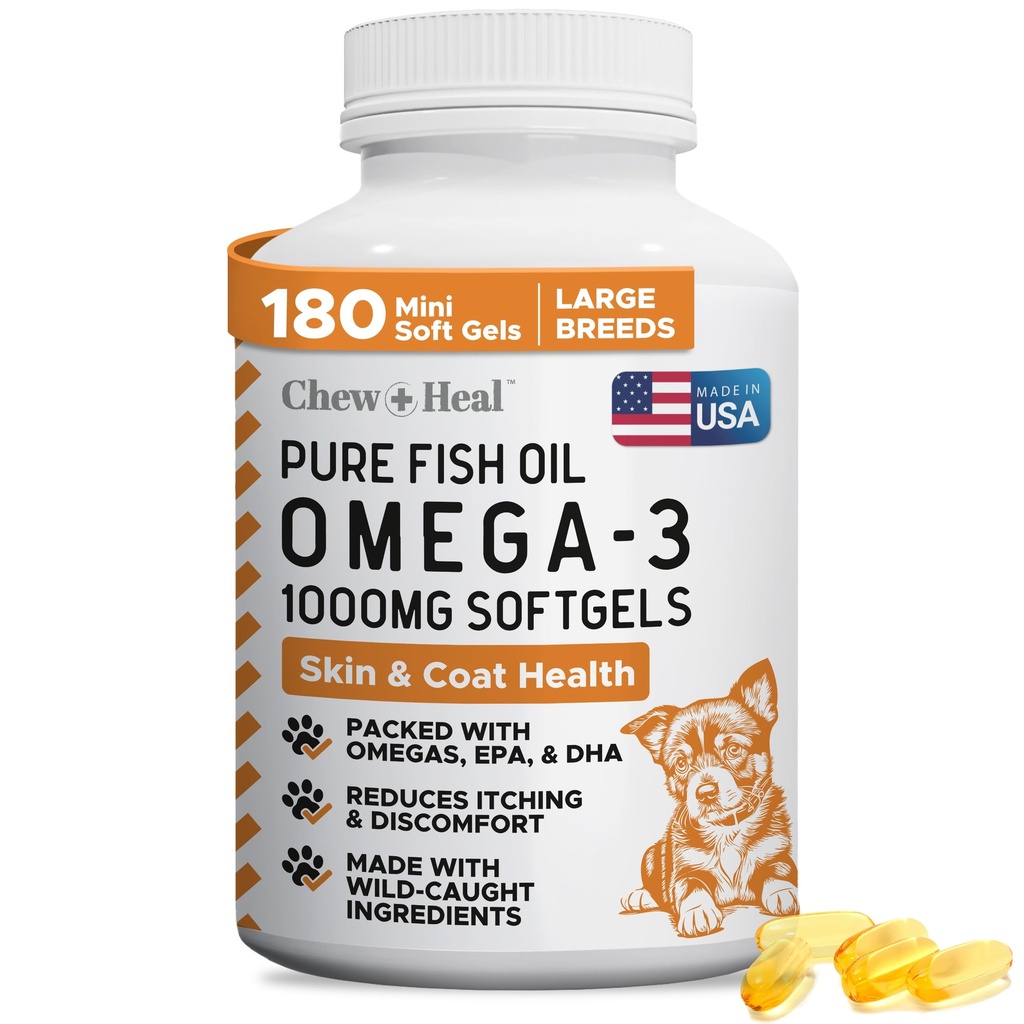 Wild Caught Omega 3 Fish Oil per i cani - 180 capsule di softgel per la pelle sana e il cappotto - grandi 1000 mg Pillole di olio di pesce per spargimento, pelle di prurito asciutta e Hot Spots - Supplemento di salmone Omega Pet