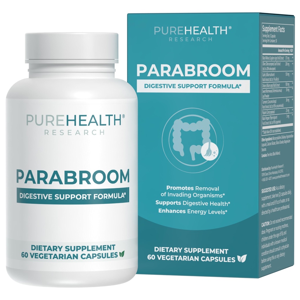 PUREHEALTH RESEARCH Parabroom - Gut Cleanse & Health Supplement - con noce nero, polvere di arbusto dolce, estratto di curcuma, foglia di oliva, aglio e cipolla - Supporto digestivo per le donne e gli uomini 60 capsule