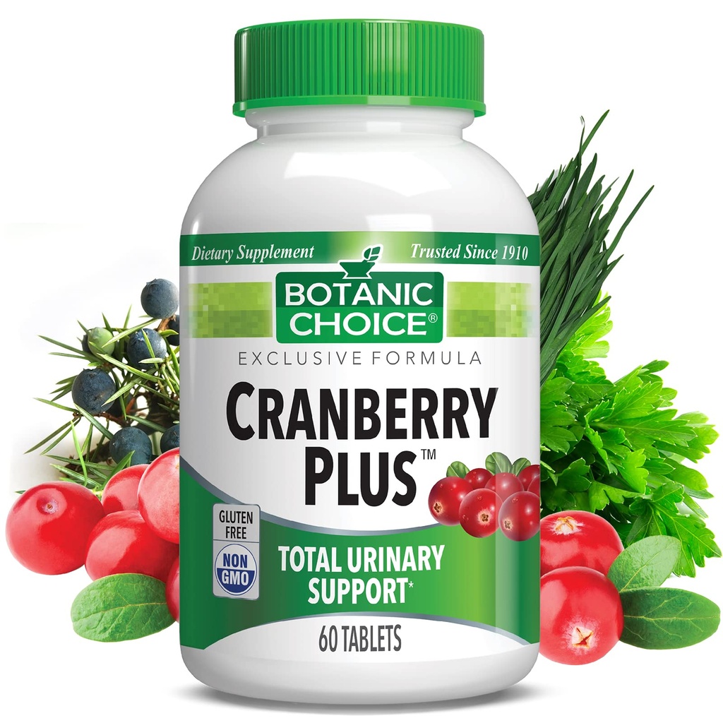 Botanic Choice Cranberry Plus Supporto urinario totale - Salute del tratto urinario per le donne e gli uomini con concentrato di mirtillo, Uva Ursi, Buchu, Calcium - 60 compresse