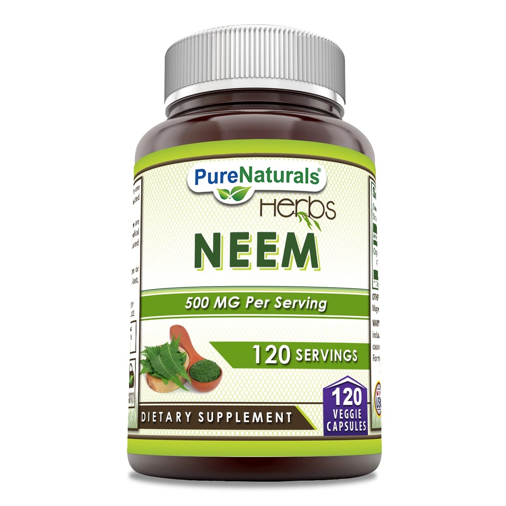 Pure Naturals Neem (Made with Natural Neem Leaf) | 500mg 120 Veggie Capsule Supplemento | Non OGM | Gluten Free | Made in USA | Ideale per vegetariani