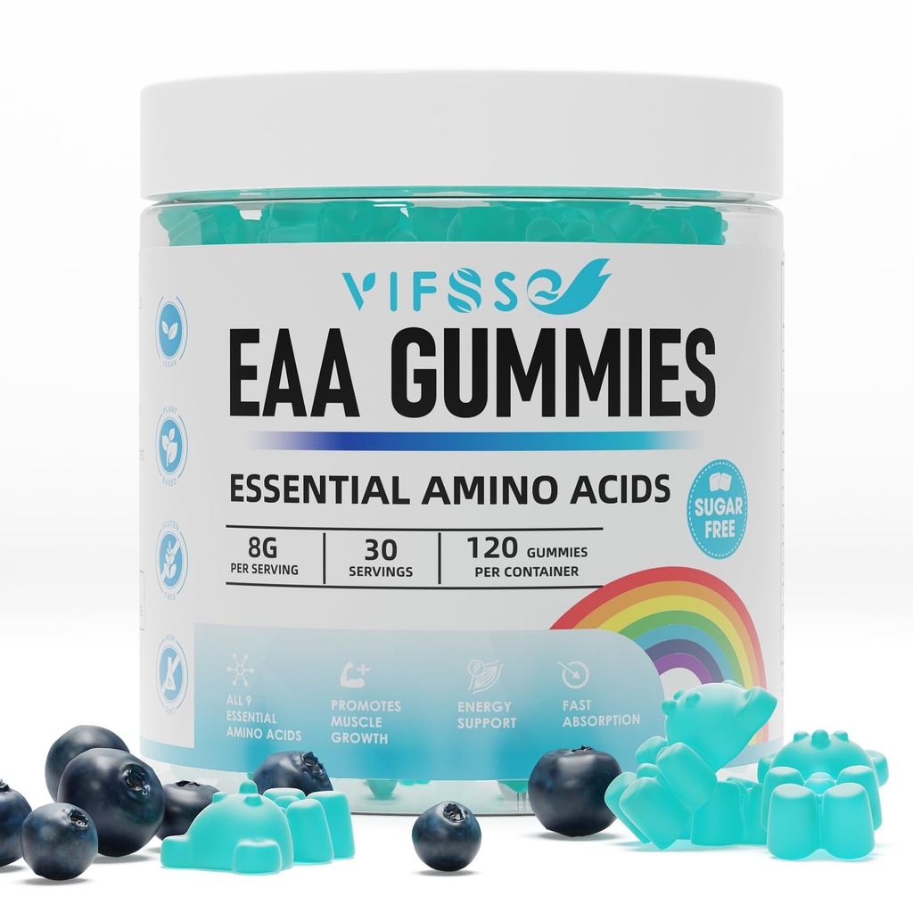 EAA Gummies 120 Gummies (Blue Raspberry), Aminoacidi essenziali - Tutti 9 Aminoacidi essenziali (EAA) e Tutti Aminoacidi a catena ramificata (BCAA), Non OGM, Senza glutine, Per vegetariani