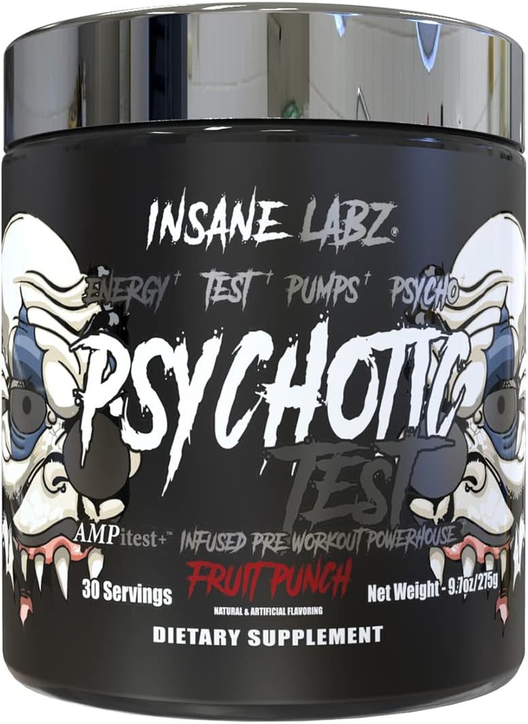 Test Psicotico Insane Labz, Alta energia e pompa del testosterone che migliorano la polvere pre-allenamento con DMAE Bitartrate, D Acido Aspartico, Creatina HCL e Glycerol Monostearate, 30 Serve, Punch di frutta