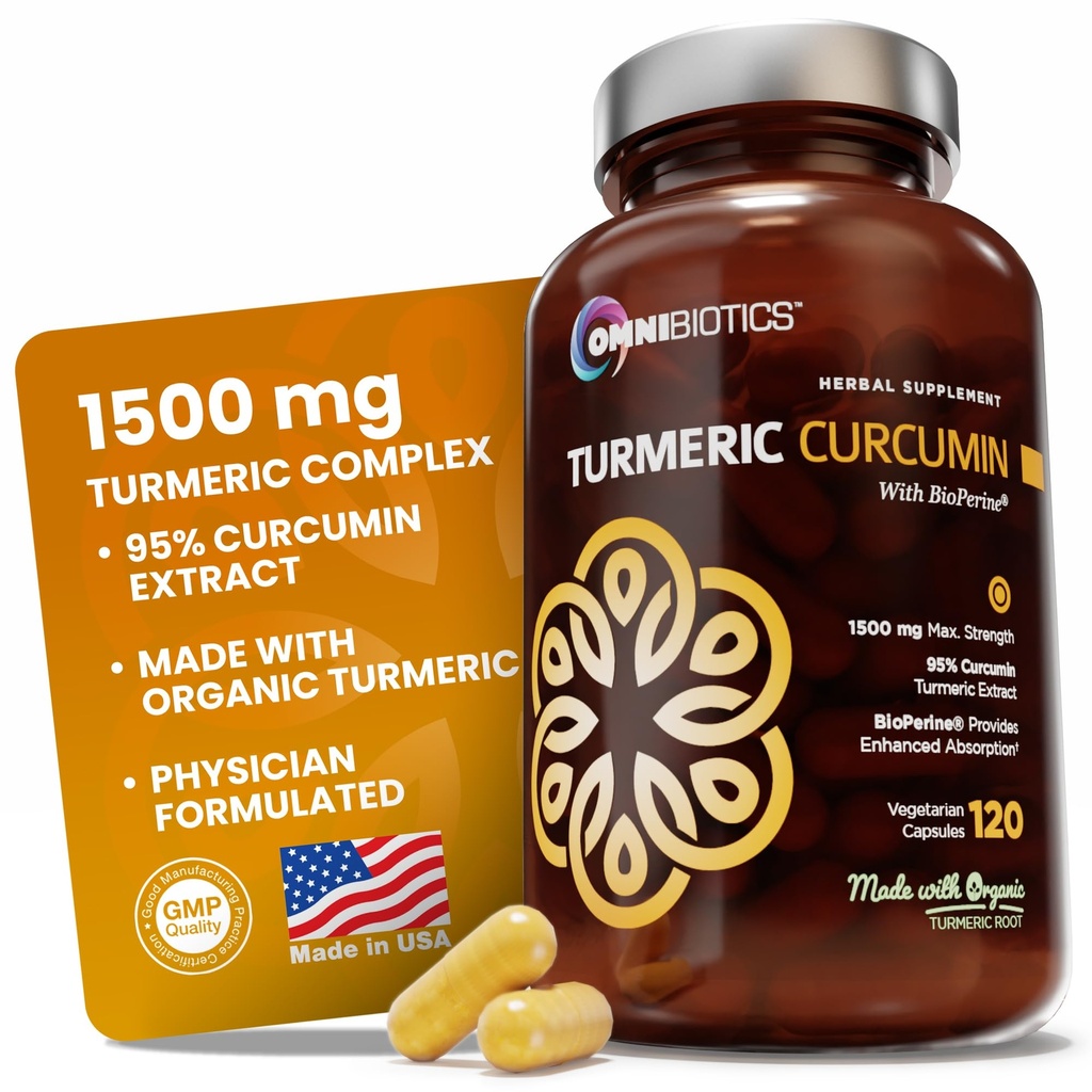OmniBiotics Organic Curcumin Supplemento con estratto di pepe nero – 1500 mg di curcuma con 95% Curcuminoidi & BioPerine, ad alto assorbimento per il supporto misto – 120 capsule vegane