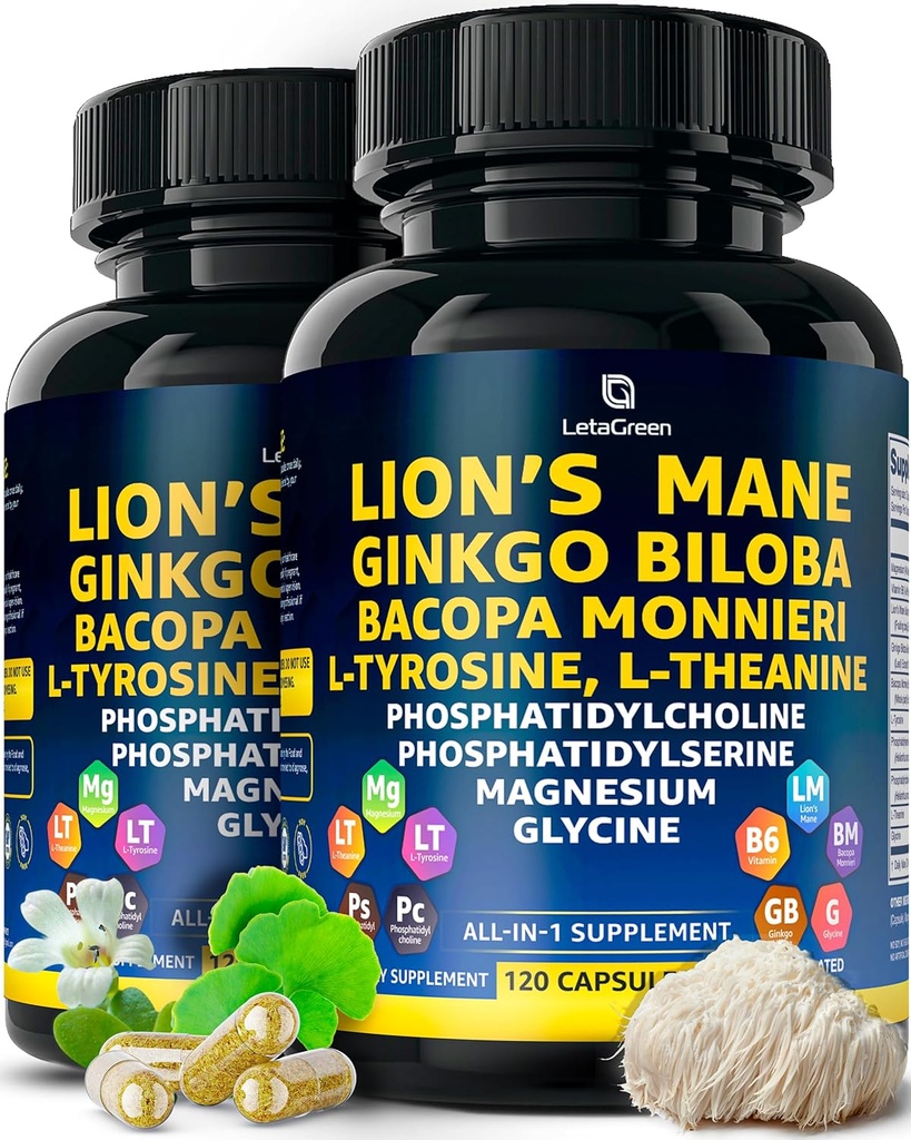 Capsule Organic Lions Mane Supplemento - 240 Real Mushrooms Lion's Mane Capsules con Ginkgo Biloba Herb, Bacopa Monnieri, L Theanine, L Tyrosine - Complesso di funghi per il benessere quotidiano