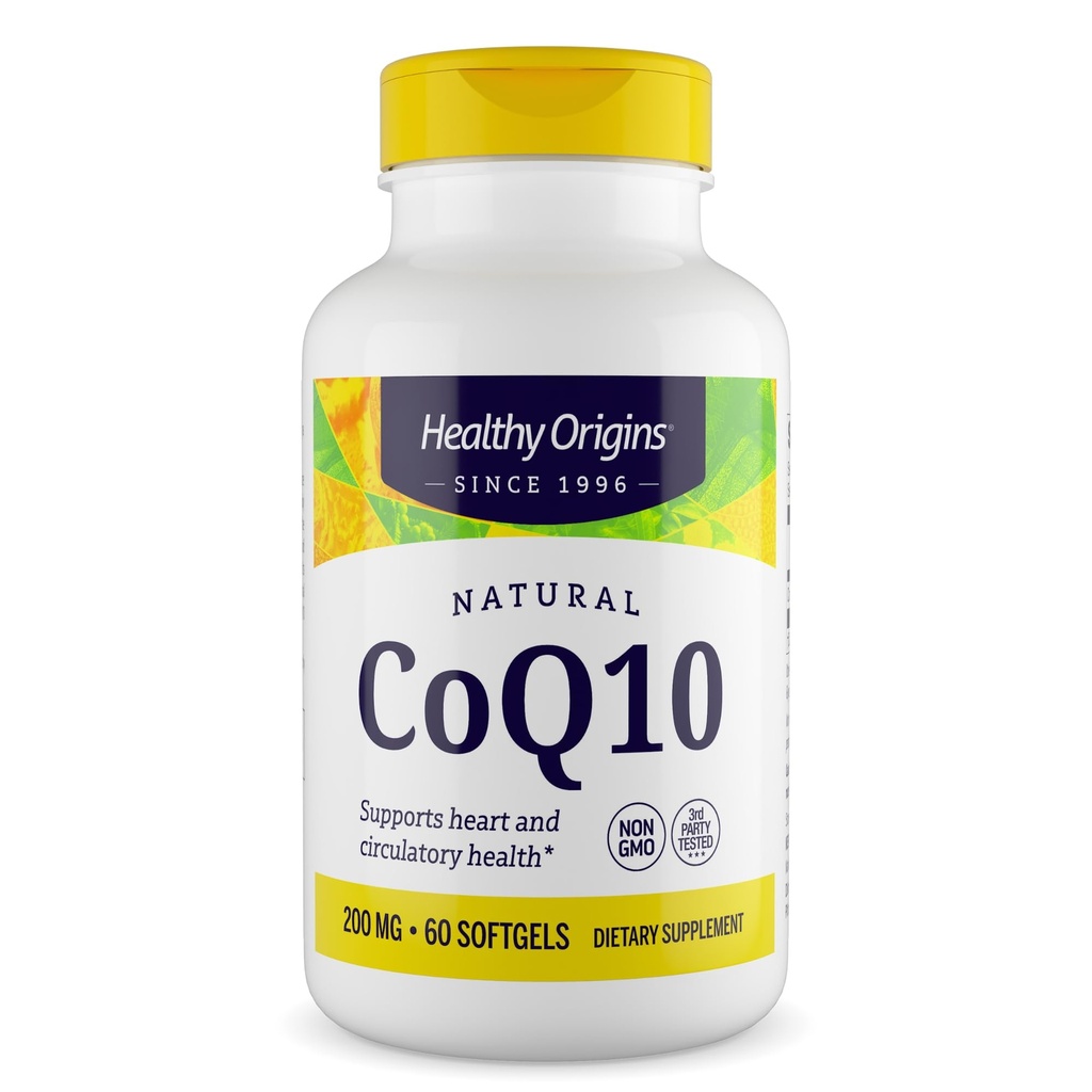Healthy Origins® CoQ10 200 mg – Natural Trans-Isomer Ubiquinone – lievito fermentato, supporta la salute del cuore e l'energia cellulare – Non-GMO 60 Softgels
