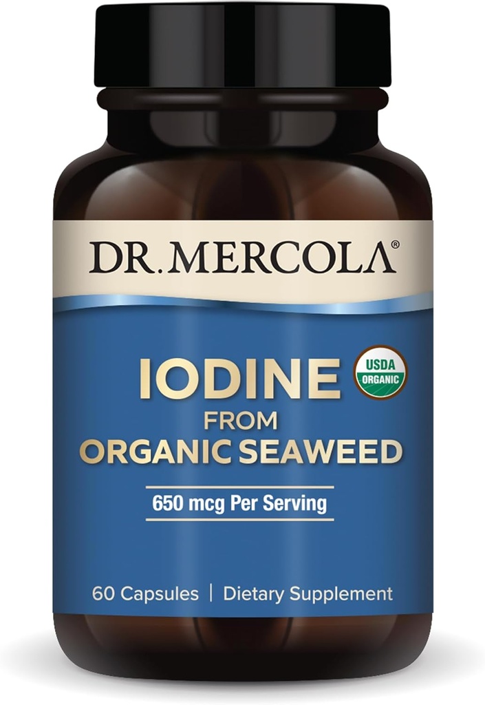 Dr. Mercola Iodio da Organic Seaweed, 650 mcg Per Serving, 30 Serve (60 Capsule), Integratore alimentare, Thyroide e Energy Support, Non OGM, USDA Organic