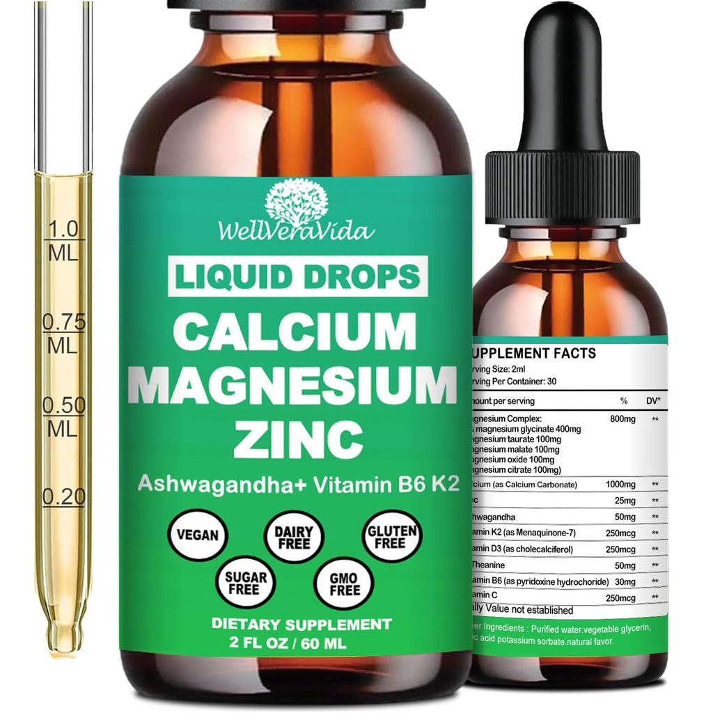 Calcium Magnesium Zinc Liquid Drops with Vitamin D3 K2, High Potency Calcium Magnesium Supplement w/Magnesium Complex, Zinc, Theanine丨Gluten Free丨 for Immune, Bone, Muscolo, Mood & Sleep Support