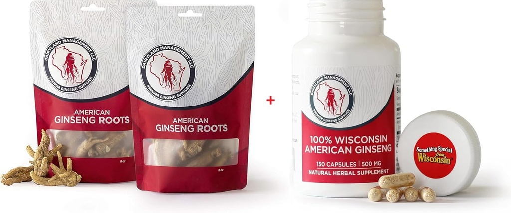 Dairyland American Ginseng Roots 16 oz e Capsule 150 ct Confezione di Wisconsin Ginseng – Direttamente dal Farmer al Consumatore