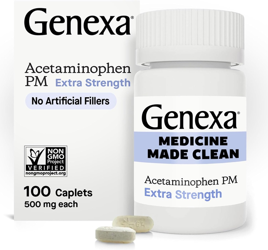 Genexa Clean Acetaminophen PM 500mg Extra Strength, Dye Free Pain Reliever, Nighttime Sleep Aid, Fever Riduttore, 0% Additivi Artificiali, Relieves Headache, Backache, Minor Arthritis Pain, 100 compresse