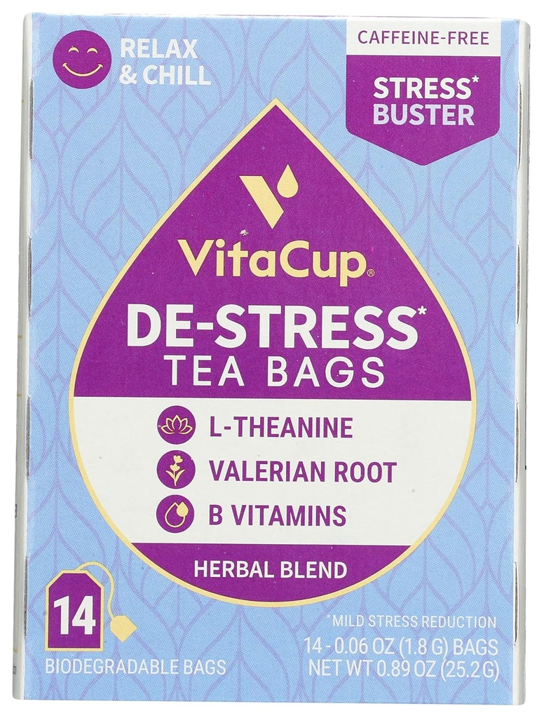 DeStress Herbal Tea Bags by VitaCup, Relax & Chill w/Chamomile, L-teanina, Valerian Root & B Vitamins, Caffeine Free Single Serve Wellness Tea Sachet Bag, 14 ct