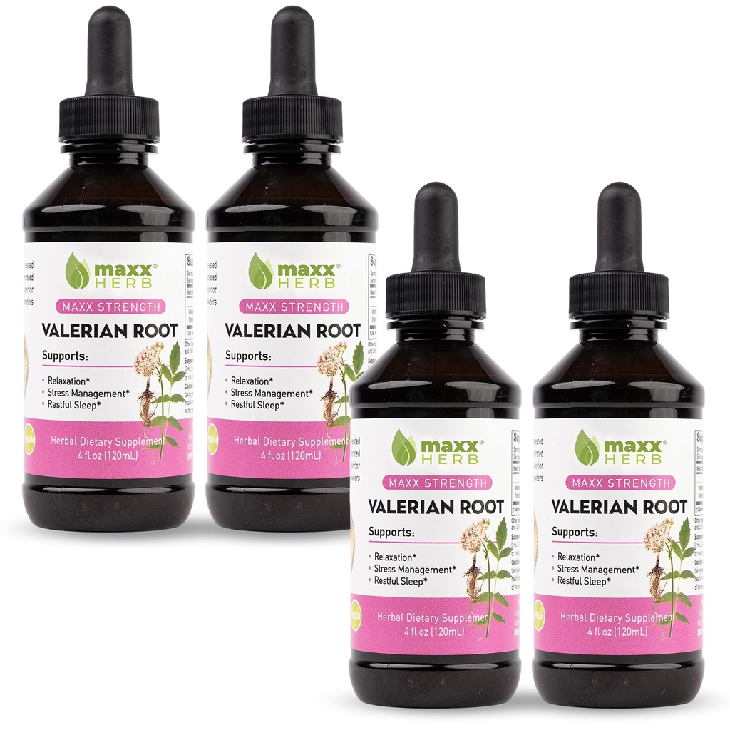 Estratto di radice di valeriana Maxx Herb - Max Strength, Assorbenti di radice di valeriana liquido Meglio di capsule, per il relax e sonno riposante, senza alcool - 4 bottiglie, 4 Oz Ogni (240 Serve)