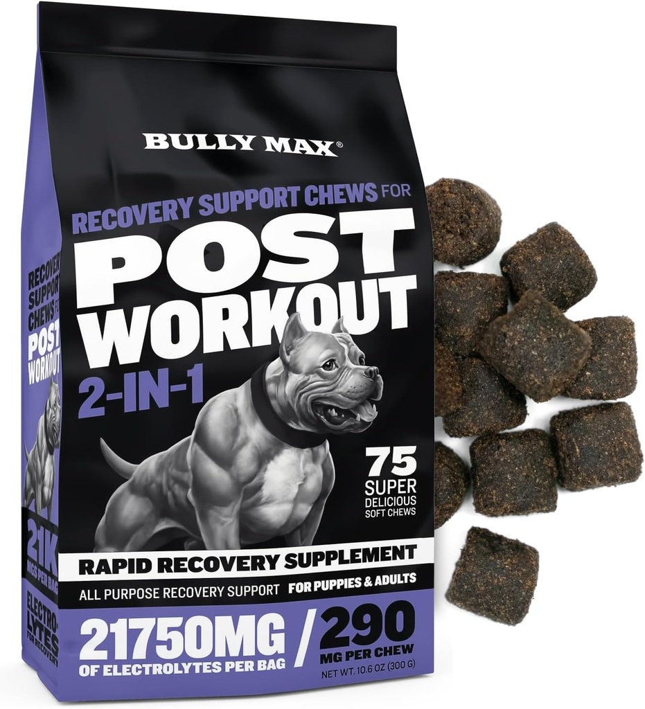 Bully Max 2-in-1 Post-Workout Recovery Support Chews - Vitamine di cane e supplemento di cibo per le piccole e grandi razze - Puppy and Adult Dog Hydration & Electrolyte Replenishment - 75 Soft and Tasty Chews