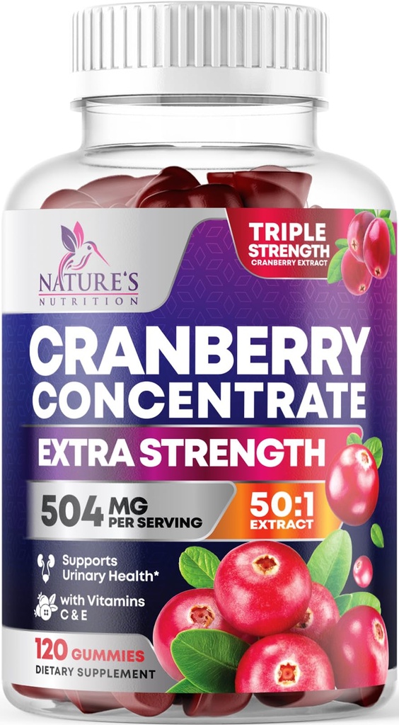 Cranberry Gummies 50:1 Estratto di mirtillo - Supporto del tratto urinario Realizzato con 25.000 mg, aiuta a pulire e proteggere, Cran Berry Gummy Supplement + Vitamina C, Chewable Cran Pills for Women - 120 Gummies