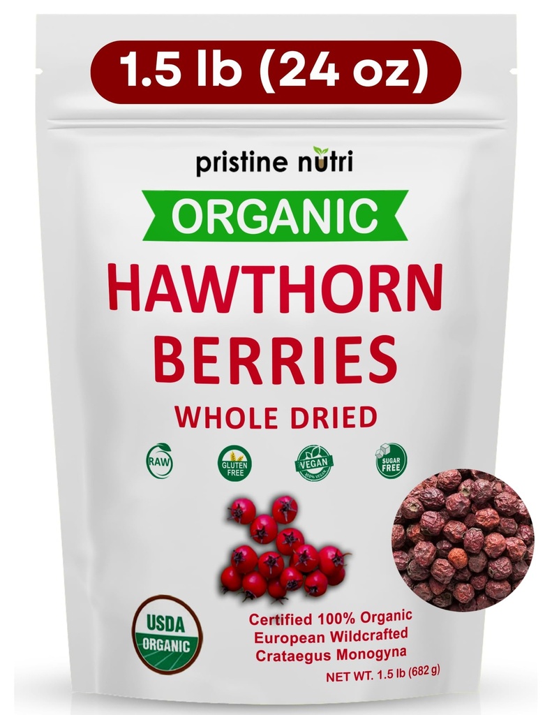 1.5 lbs (24 oz) 100% Organic Hawthorn Berries Dried Bulk | Fare Hawthorn Berry Tea | European Wildcrafted Berries | Fare il tè benessere per il supporto cardiaco, pressione sanguigna e stress sollievo (il pacchetto può variare)