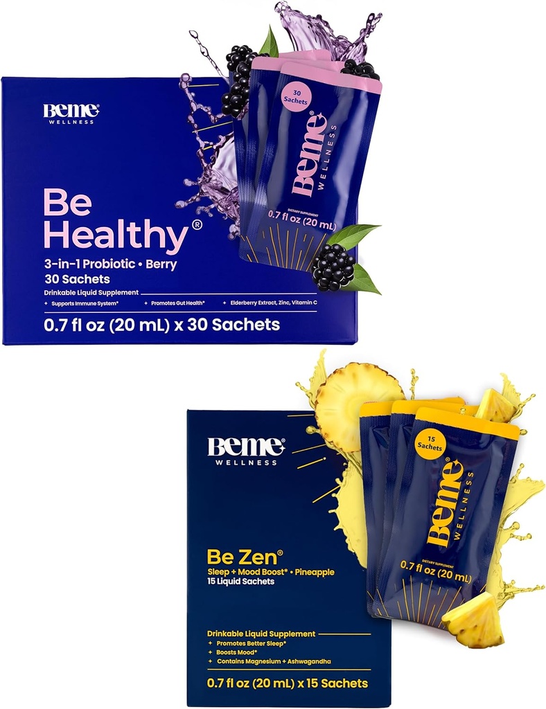 BeMe BeHealthy & BeZen Bundle - Probiotici Liquidi & Magnesio Glycinate L-teanina Integratori