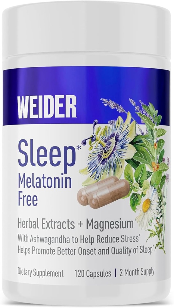 Weider Melatonin Supplemento gratuito per l'aiuto al sonno con KSM-66 Ashwagandha, Magnesio, Lavanda, Balm limone, Camomilla, Valerian e Passionflower Extracts, Hormone & Drug- Free, Non-Habit Forming, 120ct