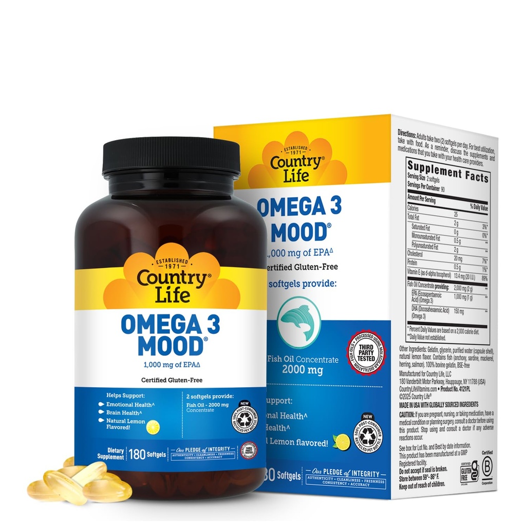 Country Life Omega 3 Fish Oil Supplement - EPA ad alta concentrazione e DHA Omega 3 acidi grassi - 2000mg Fish Oil per la salute emotiva, Mood Support e No Fish Taste - Natural Lemon Flavor