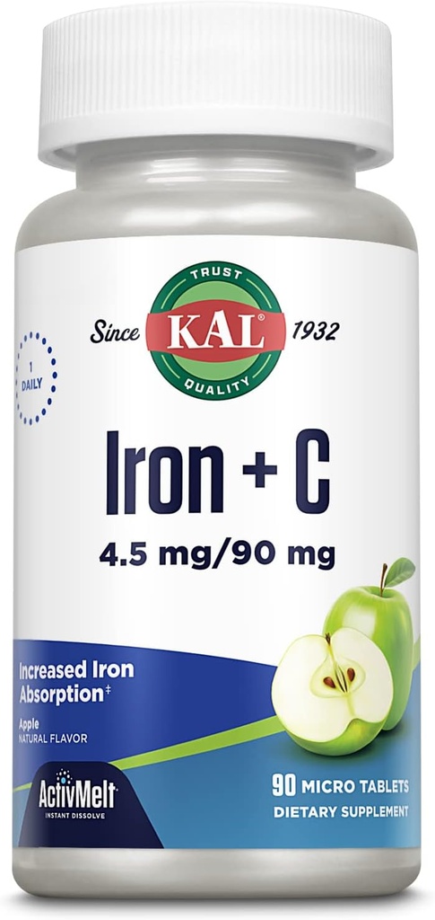 KAL Iron C, 90 compresse, 4.5 mg/90 mg, Natural Apple Flavor, Pillole di ferro ad assorbimento aumentato, Supporto immunitario