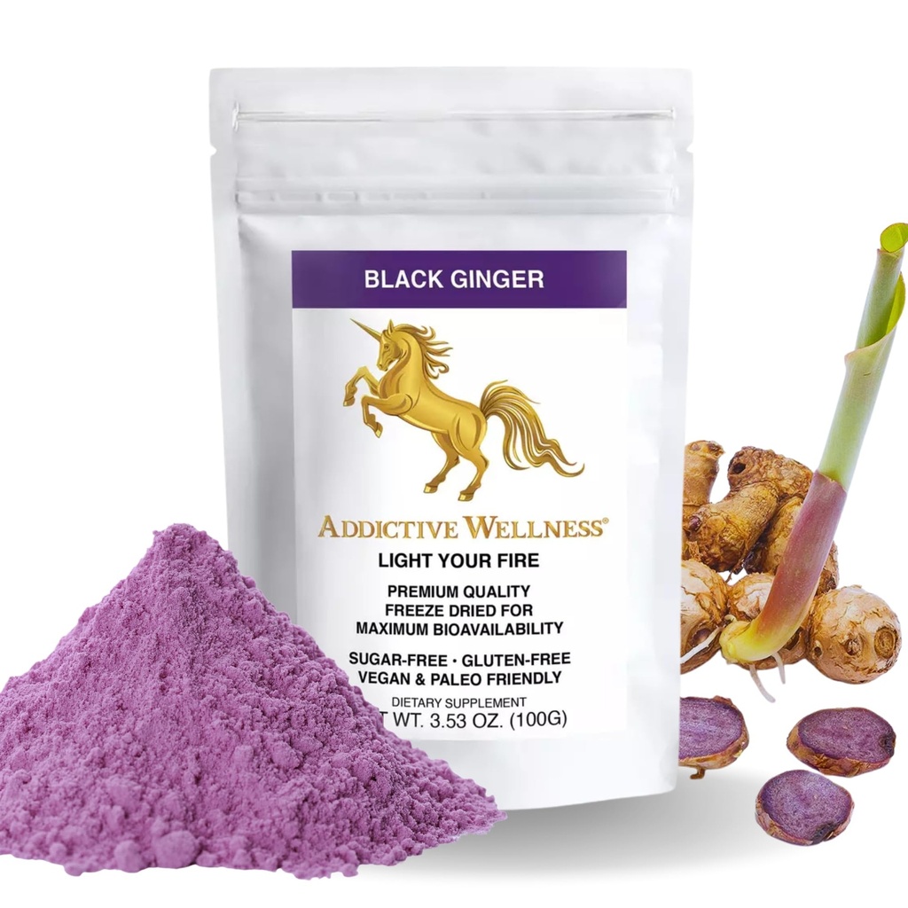Addictive Wellness Thai Black Ginger per gli uomini, Thai Black Ginger Supplemento al supporto Metabolismo energetico, Endurance & Performance, Freeze Dried Black Ginger Powder, 100 Grammi, Vegan & Paleo