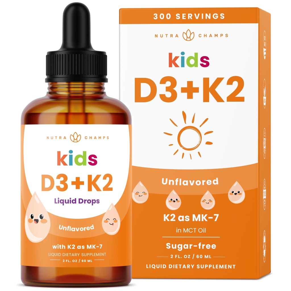 NutraChamps bambini Vitamina D 3 K2 Gocce, Vitamina D3 & K2 MK-7, Vitamina liquida D per bambini 1000 IU, Bones sano, Cuore e sistema immunitario, Zucchero supplemento gratuito per i bambini, 300 Serve
