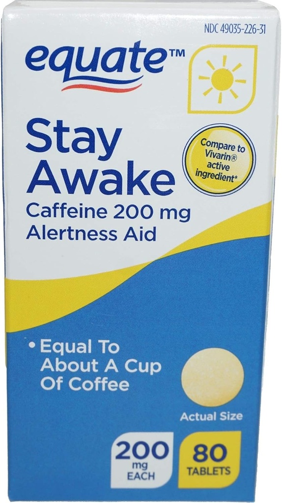 Equate - Stay Awake - Alertness Aid with Caffeine | Maximum Strength | Riduce Fatigue - 80 compresse 200 Mg (Pacchetto di 2) (2)