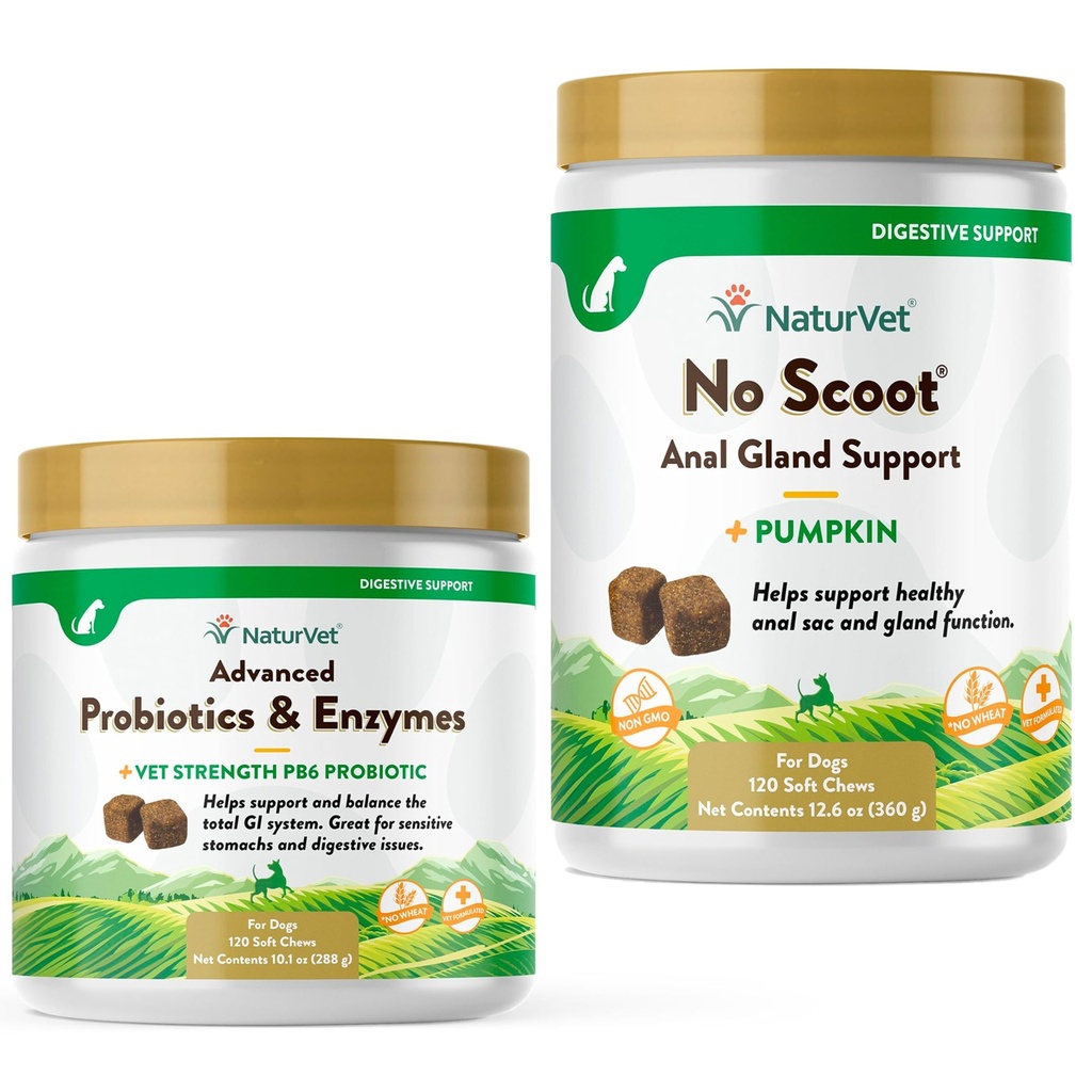 Probiotici avanzati NaturVet, Enzimi sani e PB6 supplemento probiotico per i vostri cani Stomach, 120 Soft Chews & No Scoot per cani - 120 Soft Chews - Supporta la funzione sana anale Gland & Bowel
