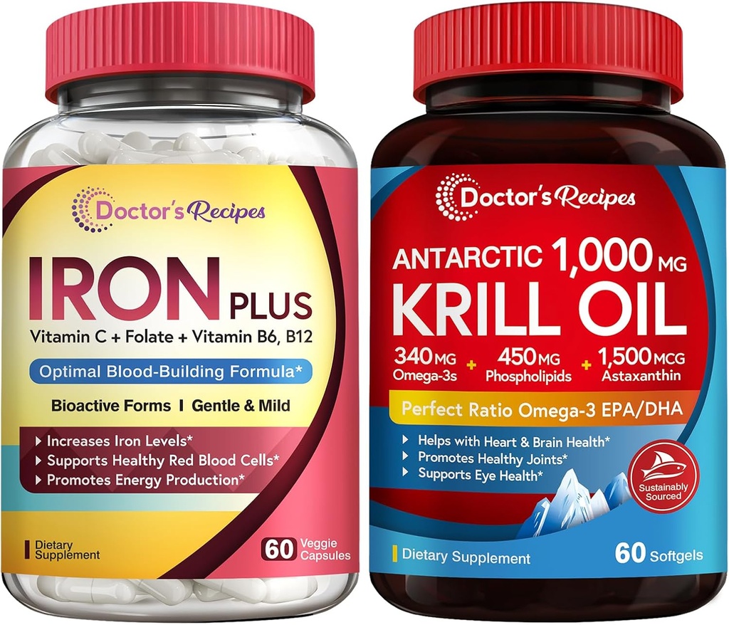 Ricette del dottore Iron Bisglycinate & Krill olio Bundle, Sangue & Energy Support, Joint, Brain and Eye Health Support, No Gluten, Probiotics (60 capsule) & Krill olio (60 Softgels)