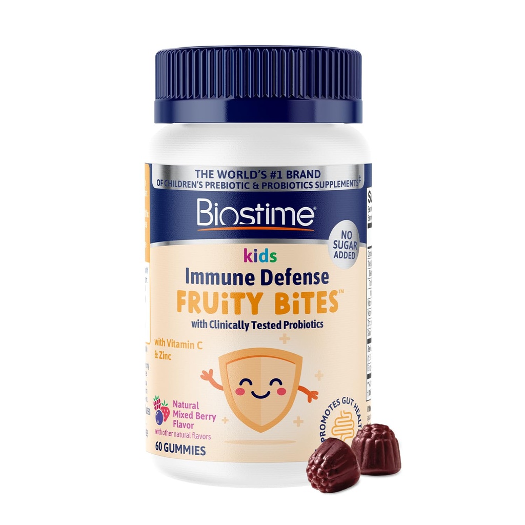 Biostime Kids supporto immunitario gummies|(Ages 4+) | Include vitamine D&C + Zinc & Probiotics | Nessun Aggiunto Zucchero |Kids Immune Defense Fruity Bites | Libero dai migliori 9 allergeni | 60 Conte