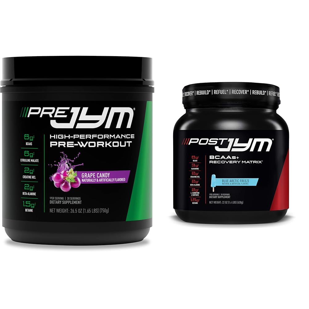 Pre JYM Grape Candy Pre Workout, Post JYM Active Matrix Post-Workout con BCAA, Creatina HCI, Beta-Alanine | 30 Serve Ogni
