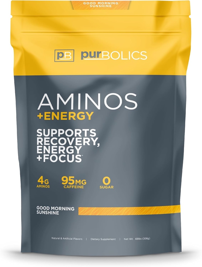 Purbolics Aminos + Energy | Supports Recovery, Energy & Focus | 95mg di caffeina, 0 Zucchero & 60 Serve (Good Morning Sunshine)