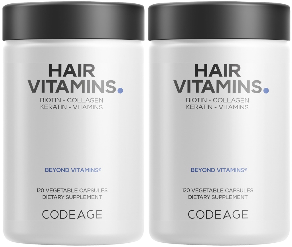 Codeage Hair Vitamins 10000 mcg Biotin, Keratin, Collagen, Vitamina A, B12, C, D3, E, Zinco, Turmerico, Probiotici, Enzimi, Inositolo - Supporto per la cura dei capelli - Pillole di supplemento per capelli sani - 2 Pack