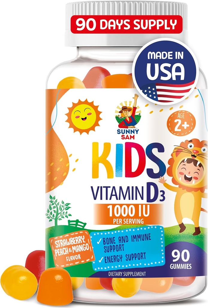 SUNNY SAM Vitamina D3 Gummies 1000 IU per Bambini &amp; Adulti - Cuciture di Supporto Immune con Aroma Naturale - Vegetariano, Supporto Immune senza Gelatina Vitamine per Bambini
