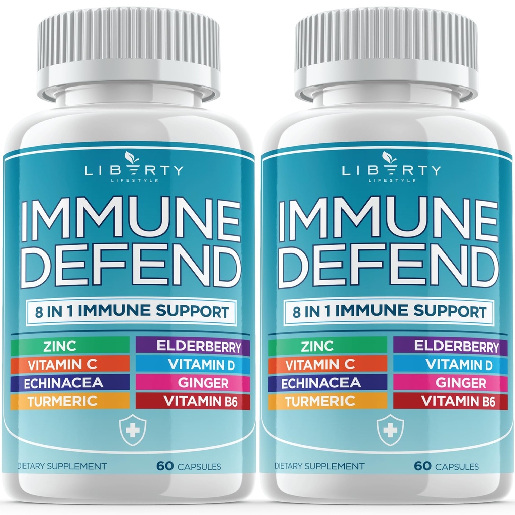 8 in 1 Supporto di difesa immunitaria, Integratore di vitamine dell'immunità Booster con zinco 50mg, Vitamina C Elderberry Vit D3 5000 IU, Curcumina e Ginger, Echinacea - Rilievo di allergia per bambini adulti (2 Confezione)