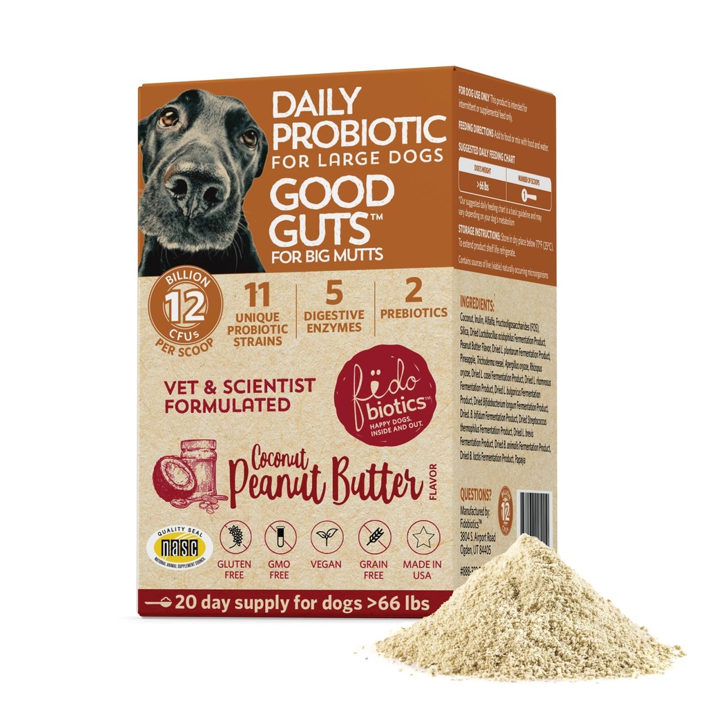 Fidobiotici Buoni Guts per Grandi Mutts Probiotici per Cani, 12 miliardi di CFU, 11 Strains, 5 Enzimi Digestivi, 2 Prebiotici, Salute Digestiva Gut per Cani, Adulti & cucciolo Probiotici Integratori (20 giorni)