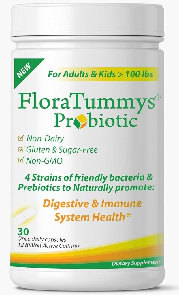 FloraTummys Miglior Probiotico per Donne, Uomini e Bambini. 12 miliardi di CFU, 4 Probiotici Strains, Prebiotici, Non OGM, Kosher, Non-Dairy, Gluten Free, Sugar Free, Made in the USA