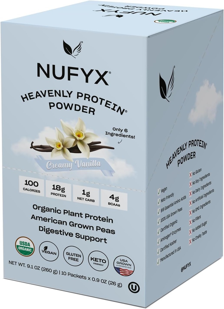 NUFYX® • Polvere Heavenly Protein® • Piselli coltivati 100% biologici americani al mondo • Vegan • Gluten Free • Carb basso (Vanilla sana, Scatola da 10 pacchetti)