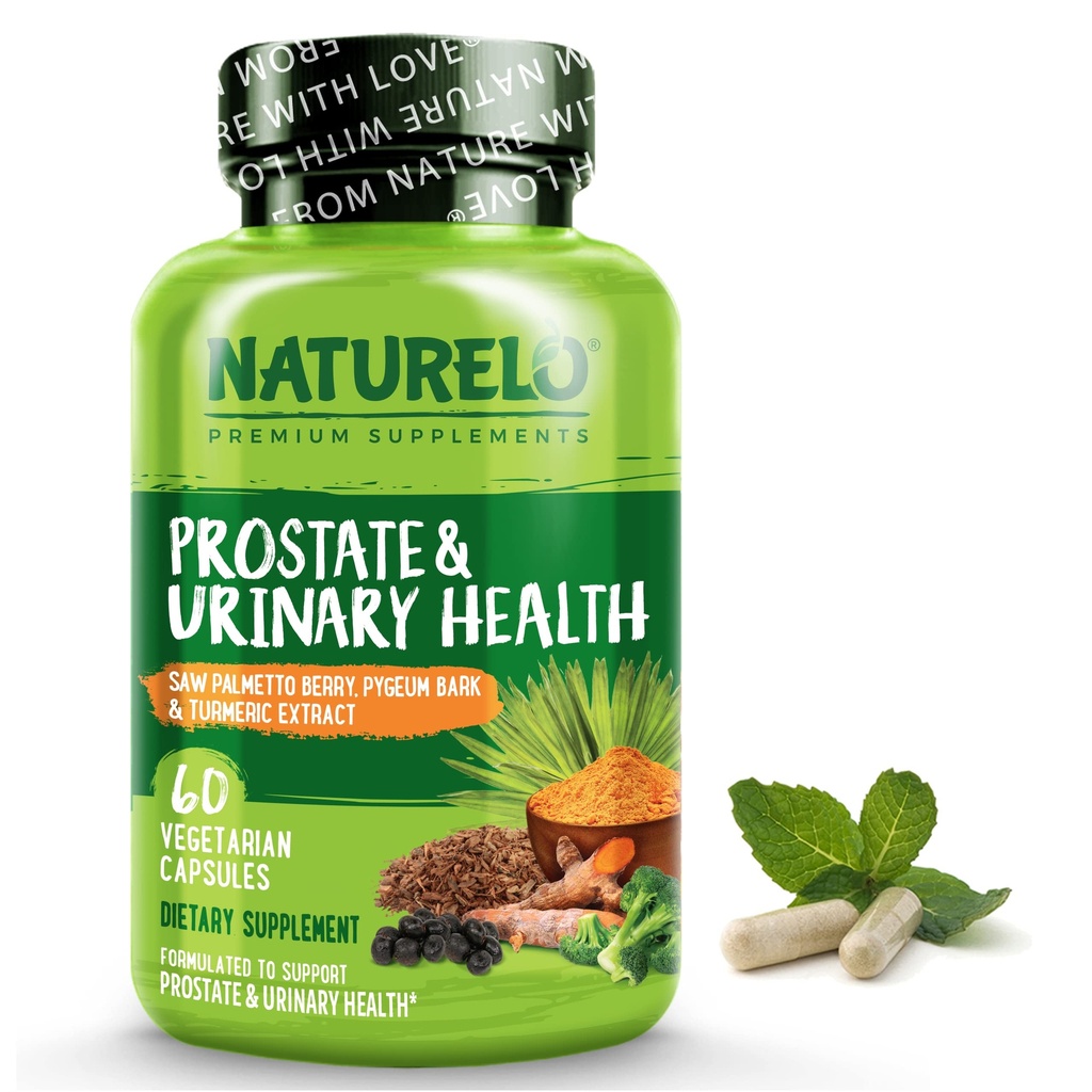NATURELO Prostate & Urinary Health, Formula completa con Saw Palmetto, Pygeum, Tumerico, Piante Sterols, Broccoli e Lycopene, 60 Capsule Vegetariani