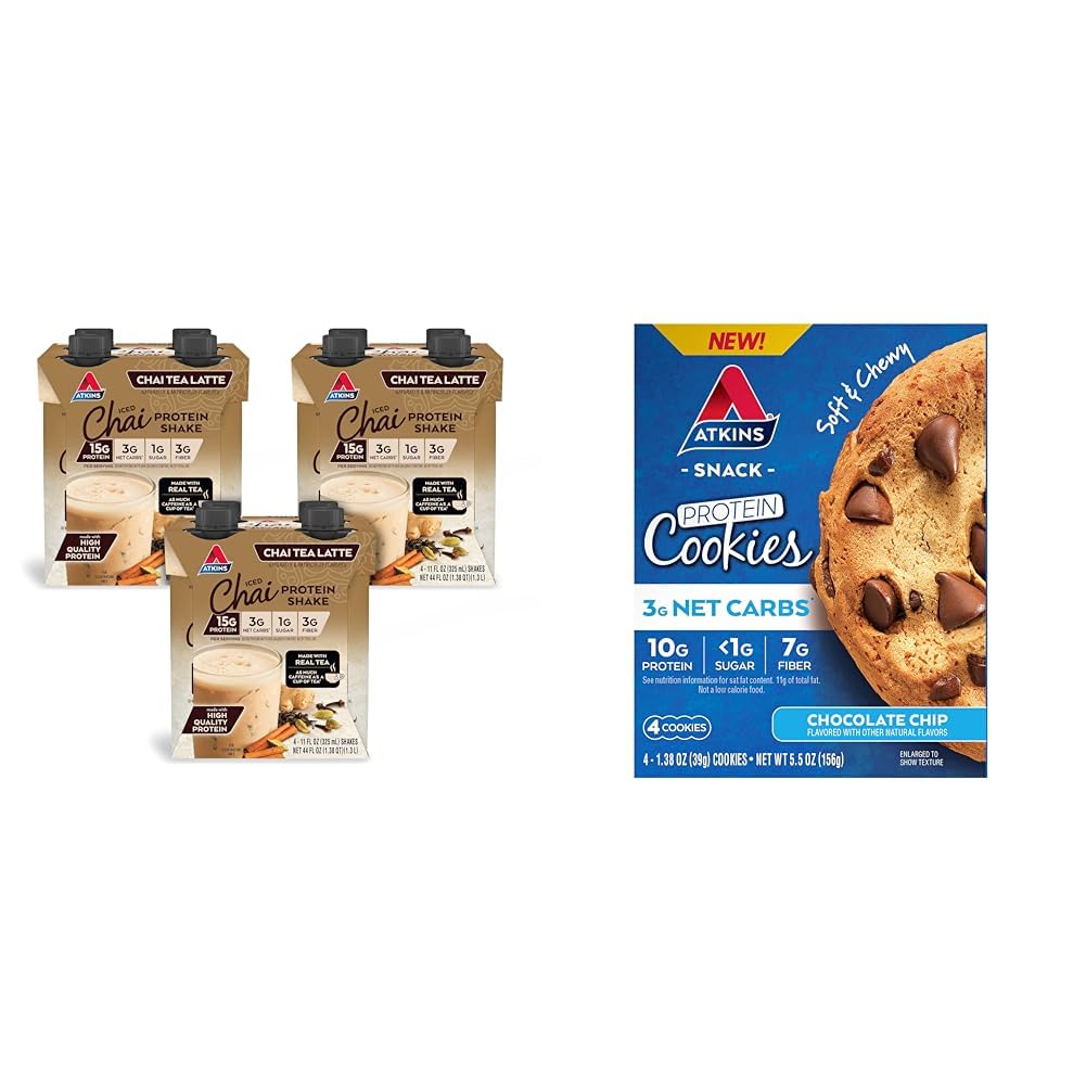 Atkins Chai Tea Latte Protein Shake con 15g Protein, 3g Carbs Net, 1g Zucchero e Atkins Chocolate Chip Protein Cookie con 10g Protein, 3g Carbi Net, 1g Sugar, Keto Friendly, 4 Count