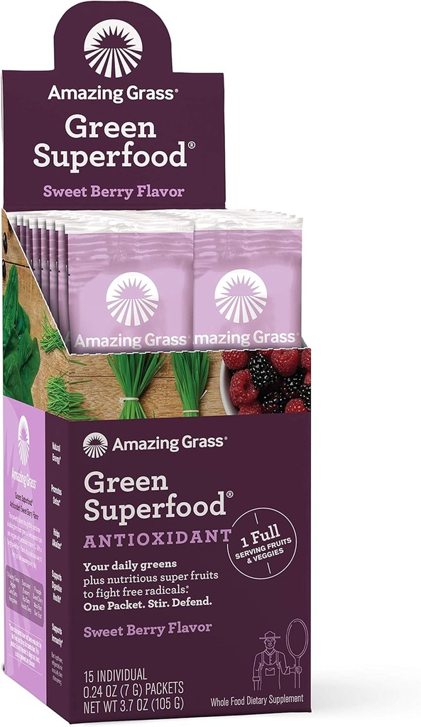 Stupefacente erba verde Superfood Antiossidante: Super Greens polvere con Spirulina, Elderberry & Probiotics, Berry dolce, 15 Servings