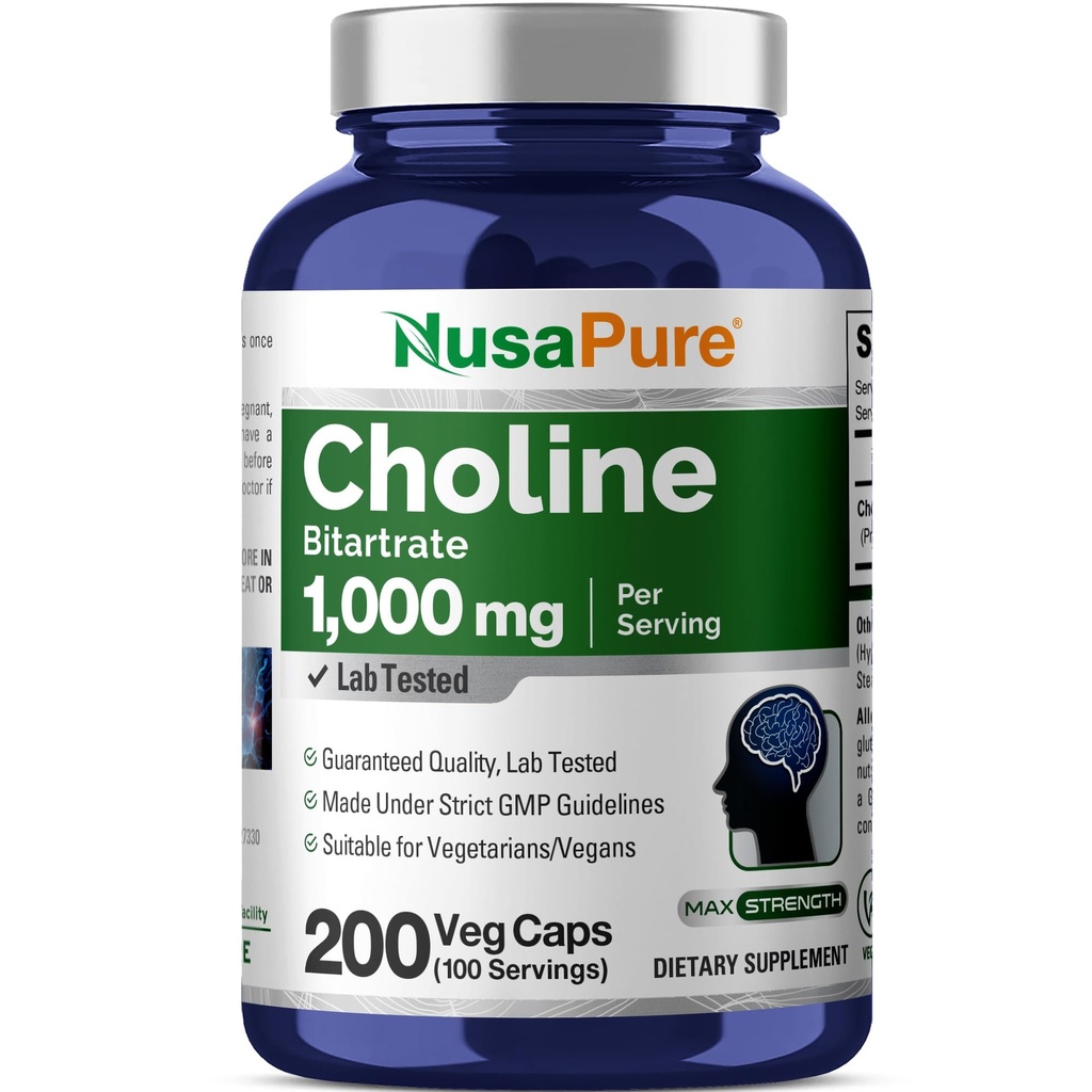NusaPure Choline Bitartrate 1000 mg 200 capsule vegetali (Vegan Vegetariano, Non OGM)