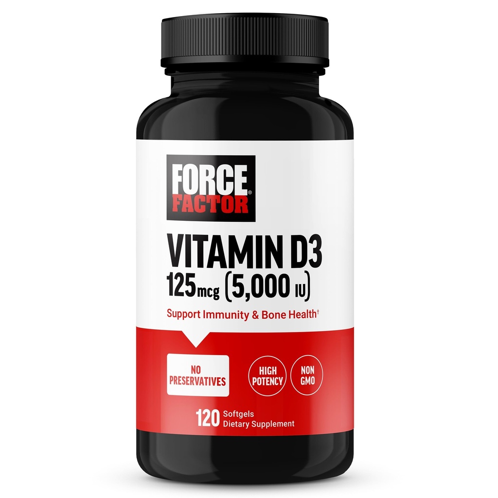 FORCE FACTOR Vitamina D3 5000 IU Softgels, Integratore di vitamina D ad alta potenza per sostenere l'immunità e la salute di ossa, qualità premium, nessuna conservazione, 120 Softgels
