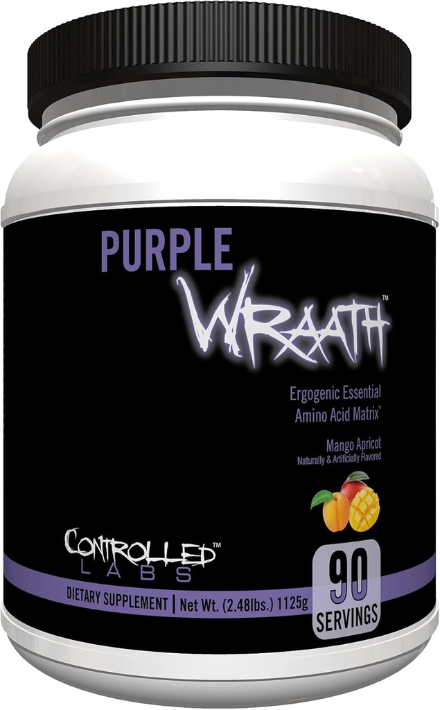 CONTROLLED LABS Purple Wraath, BCAA e EAA Amino Acid Supplement, con Endurance Blend Intra Workout Powder, Optimal Endurance, Focus e Stamina (Mango Apricot, 90 Servings)
