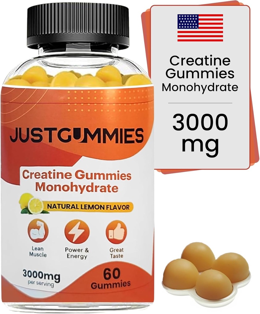 Creatina Monoidrato Gummies 3000 mg Per Serve | Gummies Creatina infusa per aumentare la forza e costruire il muscolo, Vegan, Limone Flavor, 60 Conte