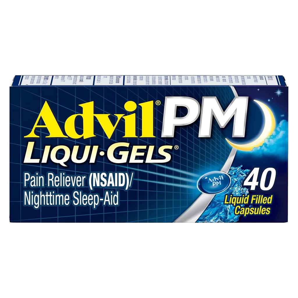 Advil PM Liqui-Gels Pain Reliever e Nighttime Sleep Aid, Medicina del dolore con Ibuprofene per il sollievo dal dolore e Difenidramina HCL per un aiuto al sonno - 40 capsule riempite liquide - Torna al College