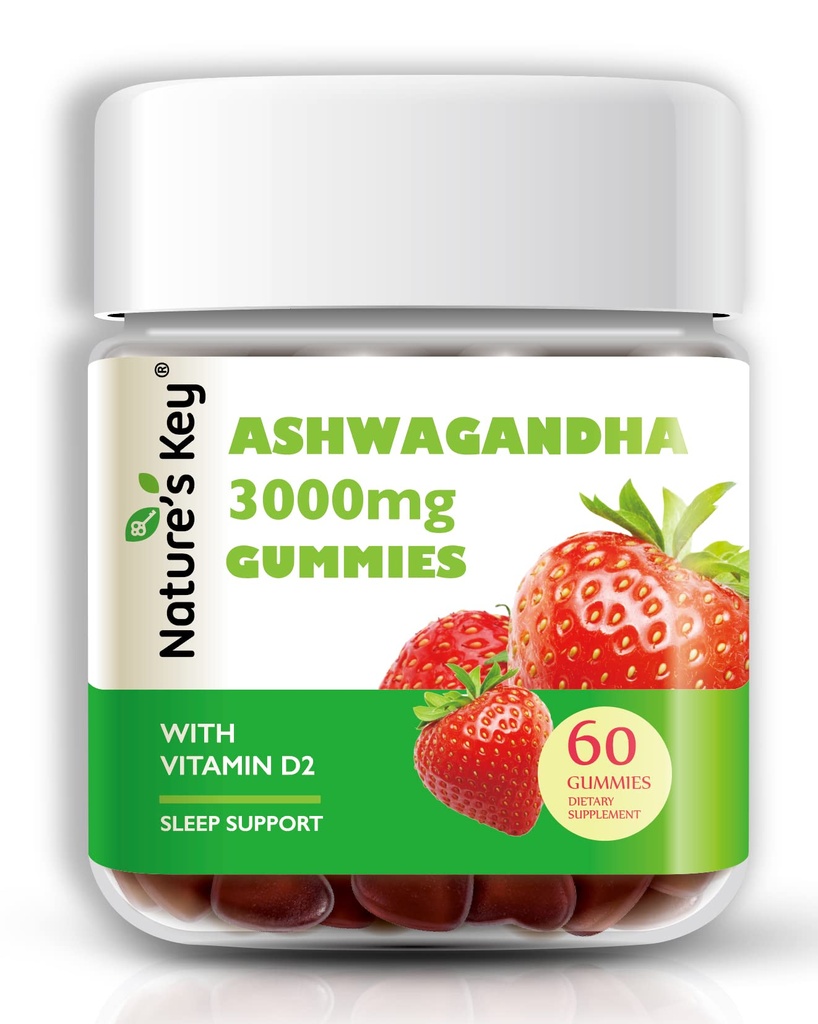 Ashwagandha Gummies chiave della natura, 3000mg di alta potenza estratto di radice di Ashwagandha con vitamina D2, Stress, calma mood & cognizione, per gli uomini e le donne, aroma di fragola (60 conteggio (confezione di 1)