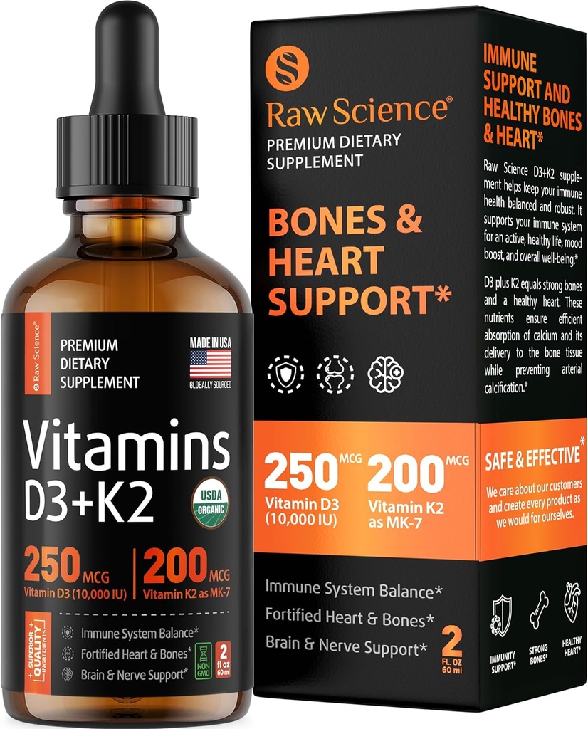 Vitamina liquida D3 K2 10000 iu & 200 mcg - Vitamina D con MK7 Vitamina K2 Gocce - Bone Densità & Heart Support Vitamine liquide per le donne e gli uomini, Alto assorbimento Vit K2 D3 Vitamina Supplemento - 2 fl oz