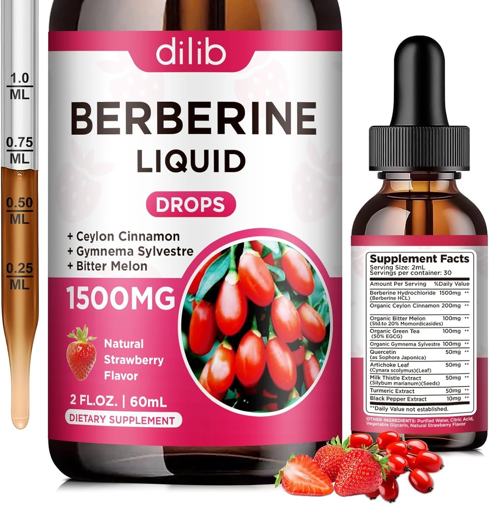 Gocce liquide di supplemento di Berberina - Berberina HCL 1500mg con cannella di Ceylon, Melone di Bitter, Gymnema Sylvestre per Immune, Sistema di digestione e salute del cuore, Natural Strawberry Flavor, 2 Fl Oz