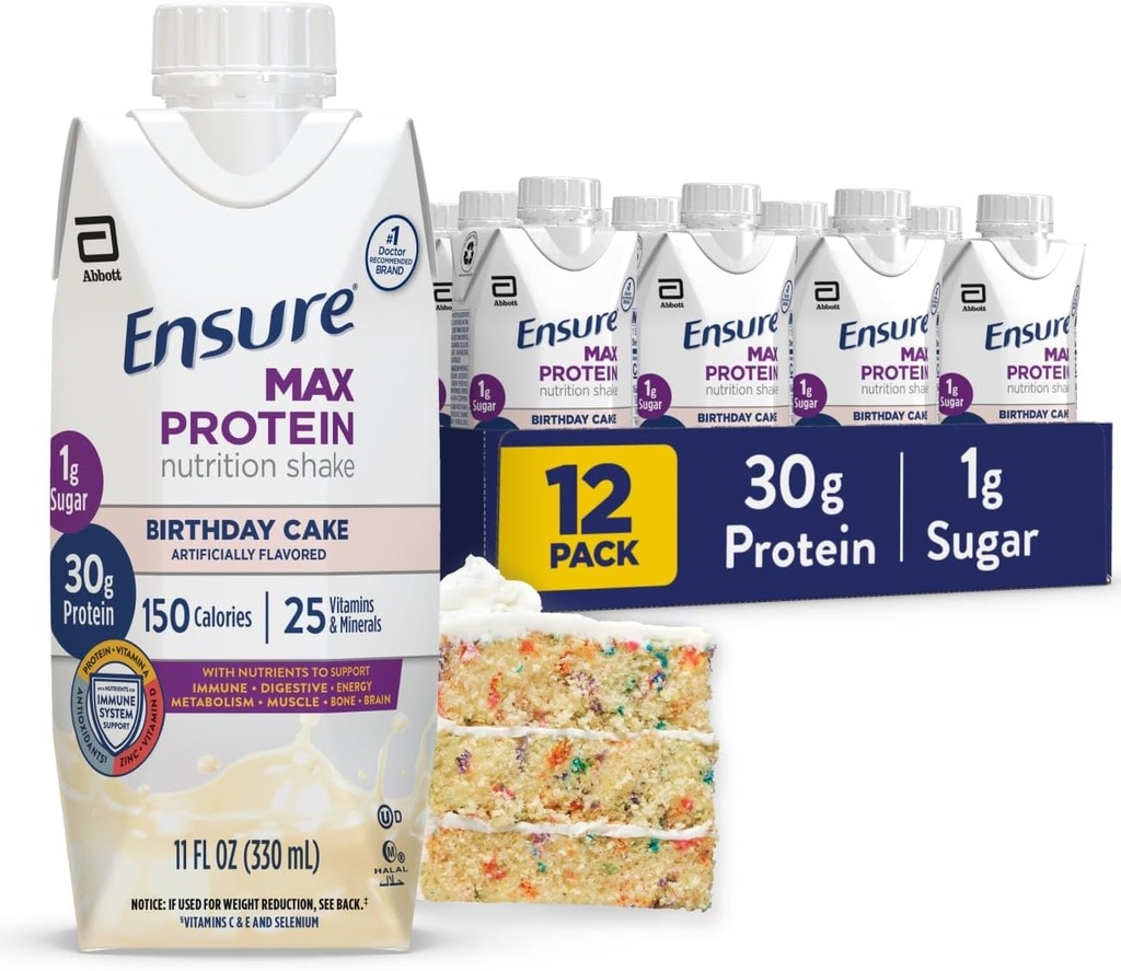 Assicurare Max Protein Shake | Torta di compleanno | Pronto per bere | 30g Proteine per la salute del muscolo | 1g Zucchero, 4g Fibra | 11 fl oz, 12 Pack
