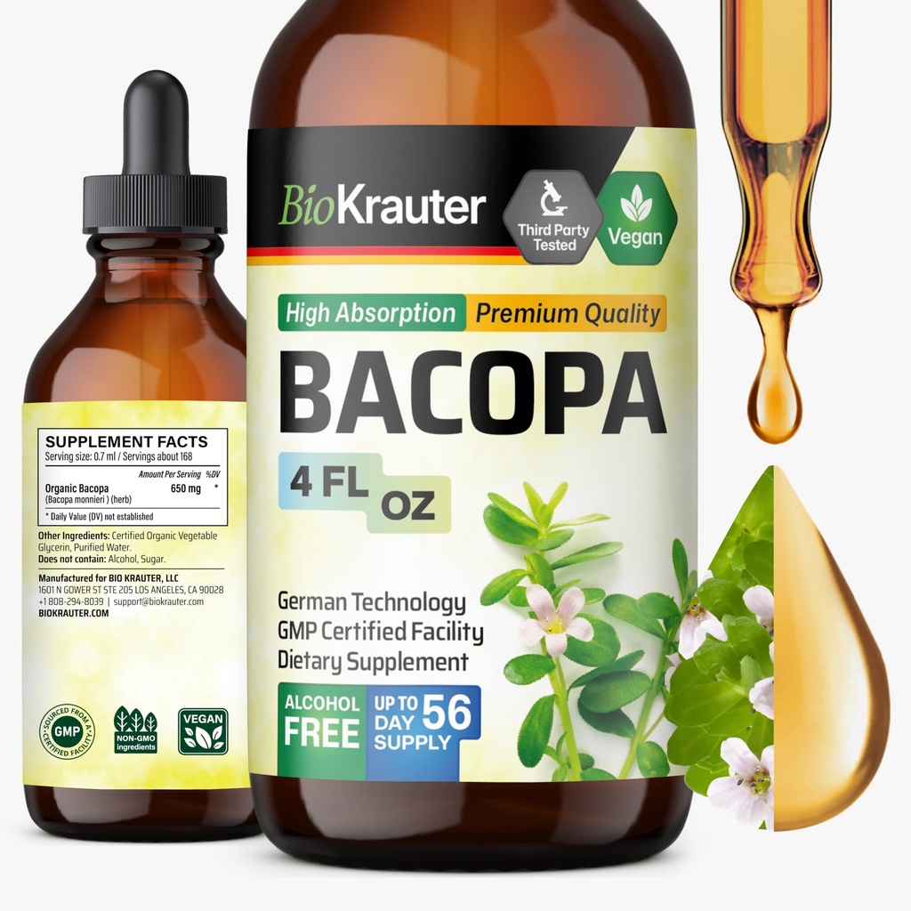 BIO KRAUTER Bacopa Monnieri Supplemento Liquido - Brain Support Brahmi - Alcol & Sugar Free Liquid Bacopa Herb Drops 4 Fl.Oz.